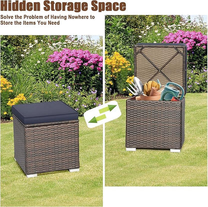 RELAX4LIFE Wicker Outdoor Storage Ottoman, 2-Piece Rattan Footstool w/Removable Cushion, Multipurpose Footrest Stool Side Table Additional Seating, Set of 2 Outdoor Ottomans for Patio Deck (Navy)