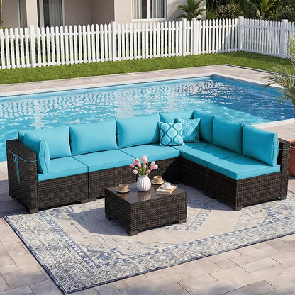 LEVELEVE 7 Pieces Outdoor Patio Furniture Sets,Rattan Conversation Sectional Set,Manual Weaving Wicker Patio Sofa with Tea Table