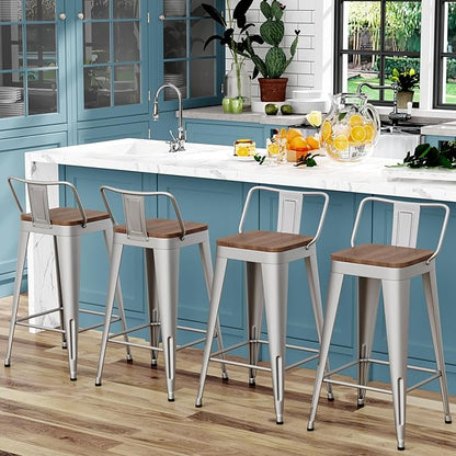 WENTMENT Bar Stools Set of 4 Counter Height Stools with Removable Back 24" Kitchen Bar Stools with Wooden Seat, Silver