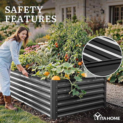 YITAHOME 8x4x2ft 2pcs Large Raised Garden Bed, Galvanized Metal Planter Box with Gloves, Ground Nails, Support Rod & Safety Rubber, Outdoor Above Ground Planters for Plants Vegetables Flowers, Black
