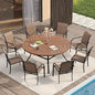 VICLLAX Patio Table and Chair Set of 8, All Weather Metal Round Outdoor Dining Furniture Set-53 Round Outdoor Table and Chairs, Walnut Wood Grain Tabletop