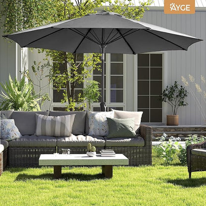 Ayge 9FT Large Outdoor Patio Umbrella Market Table Umbrella-UV Resistant, Easy Push Button Tilt and Crank, 8 Sturdy Fiberglass Ribs Heavy-Duty Pool Umbrella for Deck, Backyard,Garden,Grey