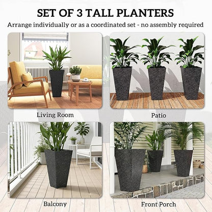 Outsunny 28 Inch Tall Planters for Outdoor Plants, Set of 3 Plastic Flower Pots with Marble Finish and Drainage Holes, Stackable Tapered Large Planters for Indoor Plants, Front Porch Decor, Black
