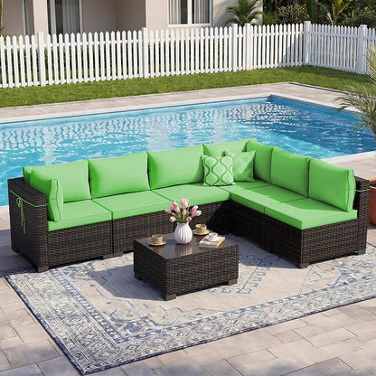 LEVELEVE 7 Pieces Outdoor Patio Furniture Sets,Rattan Conversation Sectional Set,Manual Weaving Wicker Patio Sofa with Tea Table