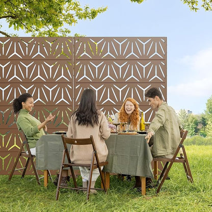 Casaphoria Metal Privacy Screen Outdoor, 72" H x 47" W Freestanding Decorative Privacy Screen for Patio Deck Balcony Garden with Stable Base, Brown Star