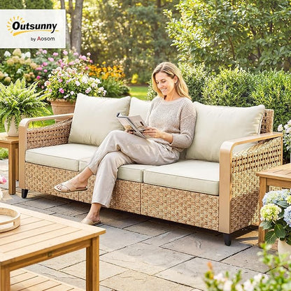 Outsunny Outdoor Patio Couch with Wide and Deep Seat, 3 Seater Wicker Outdoor Sofa with Wide Metal Armrests, Patio Furniture Couch with Cushions for Porch, Garden, Backyard, Beige | Removable Covers