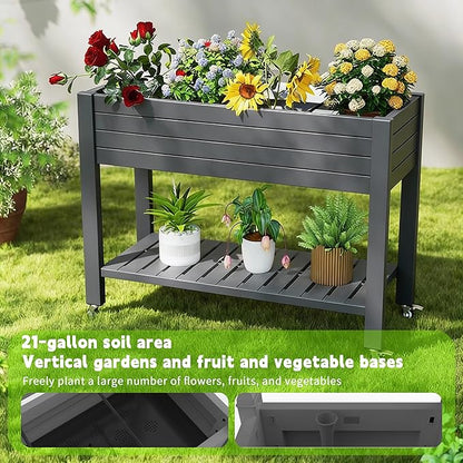 Elevated Raised Garden Bed with Legs, 33.66" Tall Self-Watering Resin Outdoor Planter Box with Storage Shelf, Drain Plug Water & Monitor for Plants Vegetables Flowers Fruits (Black)