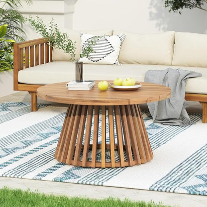 Merax Patio Outdoor Acacia Wood Round Coffee Table for Backyard, Lawn, Balcony, Easy Assemble Teak