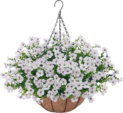 Artificial Faux Hanging Plants Flowers Basket for Outdoors Decoration,Hanging Planters with Fake Silk Daisy Flowers for Outside,UV Resistant Realistic Porch Patio Balcony Garden Yard Home Decor（White）