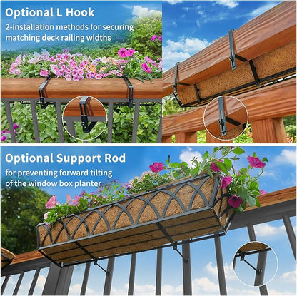 30 Inch Window Deck with Coco Liner, Fence Metal Hanging Flower Planter Window Basket Deck Railing Planter Boxes for Outdoor Garden Lawn，30" Window Boxes Horse Trough with Coconut Coir Liner, 2pcs