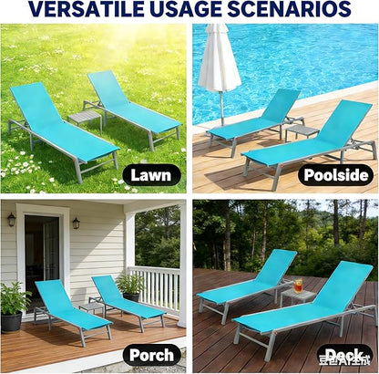 Kozyard 3-Pieces Patio Lounge Set with 2 Foldable Adjustable Lounge Chairs and Side Table, Aluminum Frame, Breathable Textilene Fabric, Assemble-Free, Reclining to Flat for Pool, Beach (Aqua)