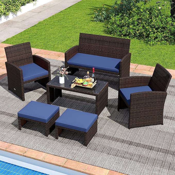 Tangkula 2 Pieces Patio PE Rattan Ottomans, Multipurpose Outdoor Footstool Footrest Additional Seating Side Table with Soft Zippered Cushions for Deck, Garden, Poolside and Yard (Navy Blue)