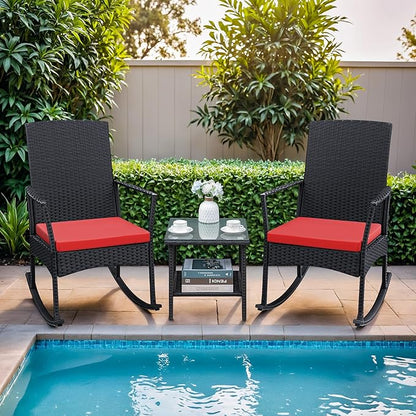 Conversation Set, 3-Piece Red Rattan Rocking Chairs with Coffee Table
