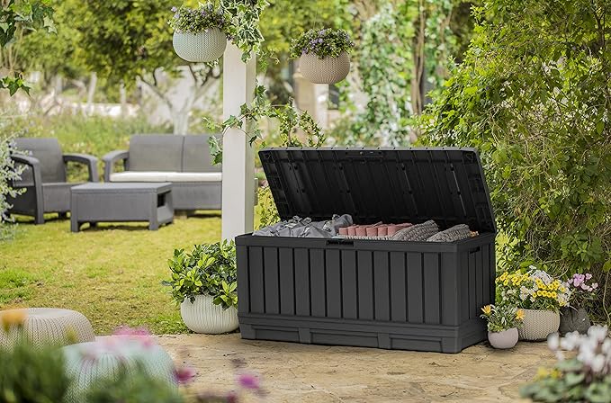 Deck Box 92 Gallon Resin Lockable Storage Bench, Dark Grey