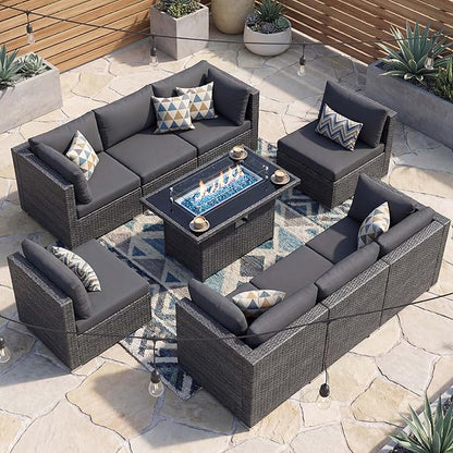 NICESOUL 9 Piece Modern Oversized Outdoor Patio Furniture Set with Firepit Table Propane/Natural Gas, 29.3'' High Back Deep Wide Conversation, Luxury 8 Seats Modular Sectional for Backyard, Gray