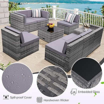 8-Piece Patio Furniture Set, Outdoor Wicker Rattan Sectional with Thick Cushions, Glass Top Table with Hidden Storage, Outdoor Conversation Set for Backyard, Porch, Patio, Light Grey
