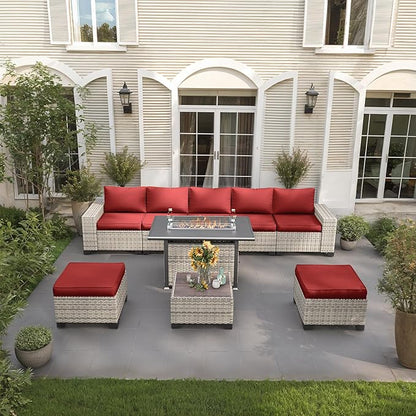 9-Piece Outdoor Patio Furniture Set with 55,000 BTU Fire Pit Table, PE Wicker Rattan Sectional Sofa Patio Conversation Set with Ottomans & Coffee Table, Red