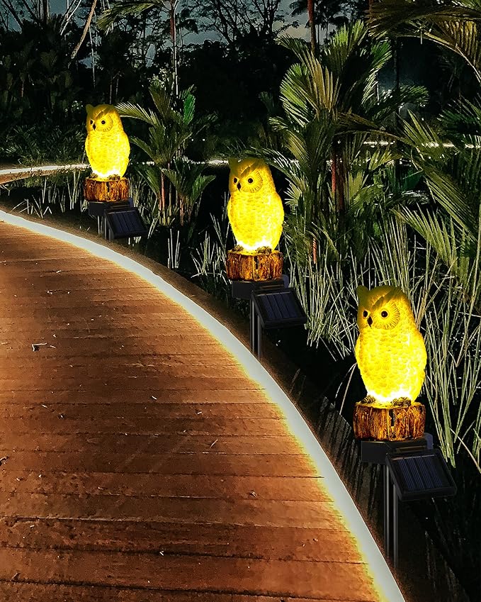 iStatue Solar Owl Garden Stake Lights, Realistic Resin Owl Outdoor Decor with Warm Glow, Waterproof Solar Yard Pathway Lawn Decoration Auto On/Off (1-Pack, Owl)