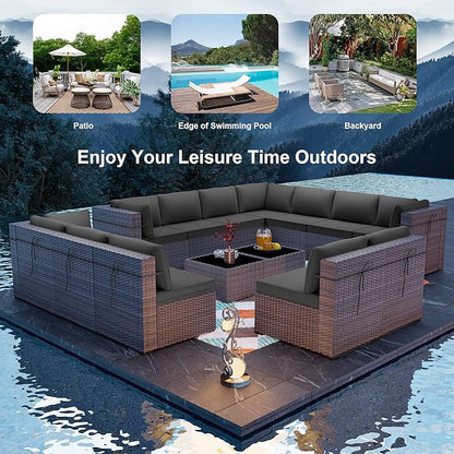 ALAULM Patio Furniture Set with Coffee Table, 14 Pieces Outdoor Sectional with Wide Seat and Thick Cushion, All Weather Wicker Rattan Conversation Set for Backyard, Garden, Deck, Grey