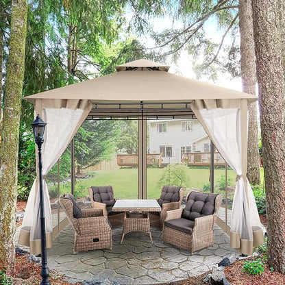 COBIZI Gazebo 10x10 Heavy Duty Gazebos with Improved Nettings Outdoor Gazebo Double Roof Patio Gazebos with Metal Steel Frame Outdoor Canopy for Patio, Deck, Backyard (Khaki)