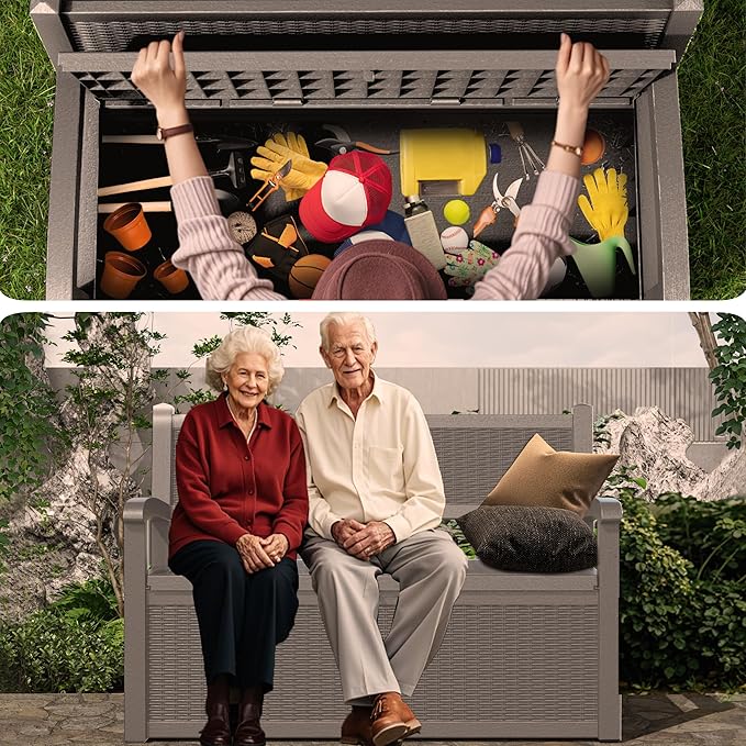 Storage Bench 80 Gallon Resin Deck Box, Gray, Lock-Ready