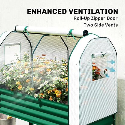 Outsunny Galvanised Raised Garden Bed with Greenhouse Cover, Metal Elevated Garden Bed with Legs, Bed Liner and Bottom Shelf, Outdoor Raised Planter Box for Vegetables, Herbs, Flowers, Green