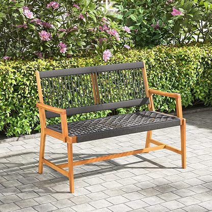 Tangkula Outdoor Acacia Wood Bench, All-Weather Rope Woven Garden Bench with Backrest and Armrests, 2-Person Patio Bench for Porch, Backyard, 705 Lbs Max Load