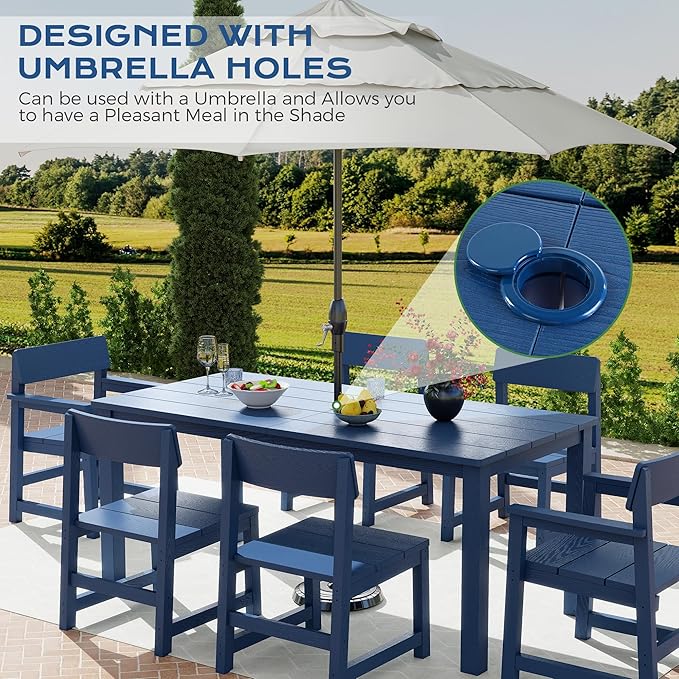 7 Piece Outdoor Dining Table Set HIPS Patio Dining Sets with Umbrella Hole Outdoor Furniture for 6 All Weather Patio Furniture Set for Outside Deck Backyard Poolside Garden, Deep Blue