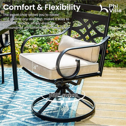 PHI VILLA 5 Pieces Outdoor Dining Set for 4, 42" Round Black Metal Table & Wrought Iron Swivel Chairs, Rustproof Large Outside Furniture with Cushions & Pillows for Patio, Deck, Porch