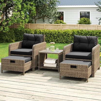 LHBcraft Balcony Furniture 5 Piece Wicker Patio Furniture Set, Outdoor Hand-Woven Rattan Lounge Chairs with Tempered Glass Coffee Table, Ottomans & Soft Cushions for Front Porch, Garden, Black