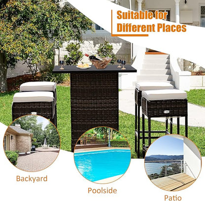 Tangkula 5 Piece Outdoor Rattan Bar Set, Patio Bar Furniture with 4 Cushions Stools and Smooth Top Table with Hidden Storage Shelf, Outdoor Conversation Set for Poolside, Backyard, Lawn