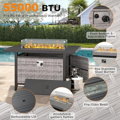 12-Seat Modern Outdoor Wicker Rattan Patio Furniture Set with 55,000 BTU Fire Pit Table, Thick 4″ Cushions, All-Weather Dual-Strand Rattan, Rust-Resistant Steel Frame,Blue
