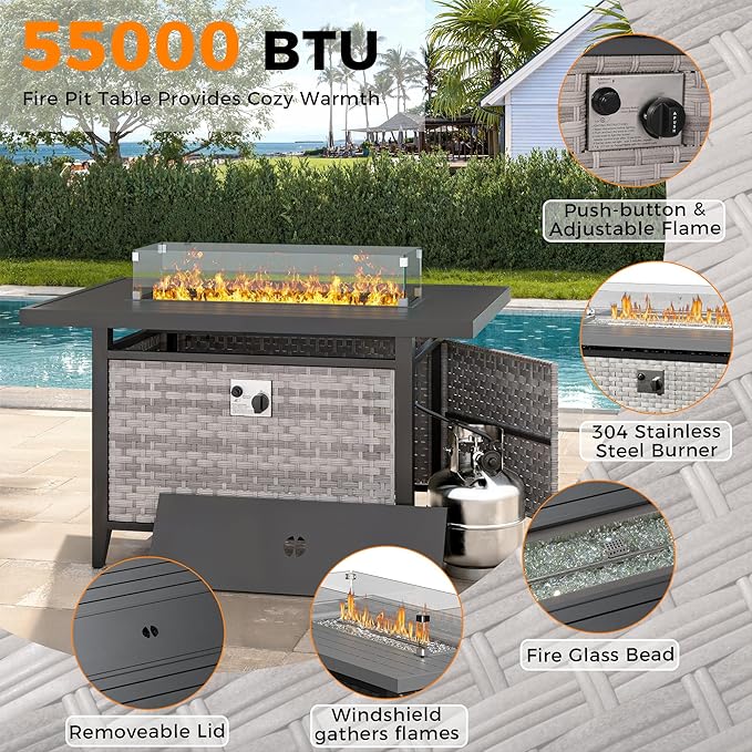 8-Seat Outdoor Wicker Patio Furniture Set with Fire Pit Table, Modular Rattan Sectional Sofa & 2 Swivel Rocking Chairs, 4" Thick Cushions, Rust-Resistant Frame,Black