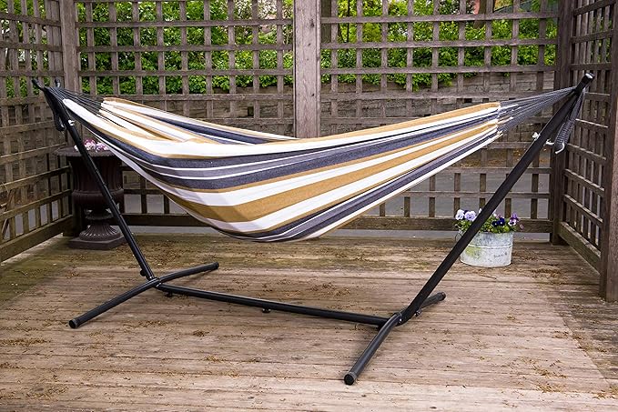 Vivere Double Cotton Hammock with Space Saving Steel Stand, Upgraded Polyester End Strings 450 lb Capacity - Premium Carry Bag Included - (Desert Moon)