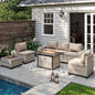 7-Piece Outdoor Patio Furniture Set with 55,000 BTU Fire Pit Table, PE Wicker Rattan Sectional Sofa Patio Conversation Set with Thickened Cushions & Coffee Table, Sand