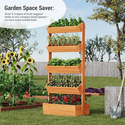 Vertical Wooden Raised Garden Bed Planters Wood Planter Kit Plant Stand Flower Rack Planter Box Gardening for Plants Herbs Flowers Vegetables Outdoor Indoor Freestanding (Orange 5-Tier)