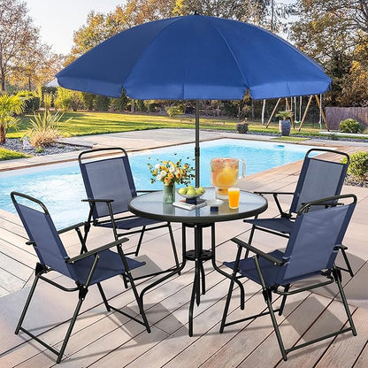 Vongrasig 6 Pieces Folding Patio Dining Set, All Weather Small Metal Outdoor Table and Chair Set, Garden Patio Furniture Set w/Umbrella, Glass Table & 4 Folding Chairs for Lawn, Backyard, Blue