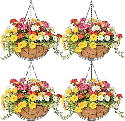 4 Pack 14 Inch Hanging Baskets for Plants Outdoor Metal Hanging Planter Hanging Flower Baskets with Coco Fiber Liners Chain Round Wire Plant Holder Hanging Flower Pots(Flower Border)
