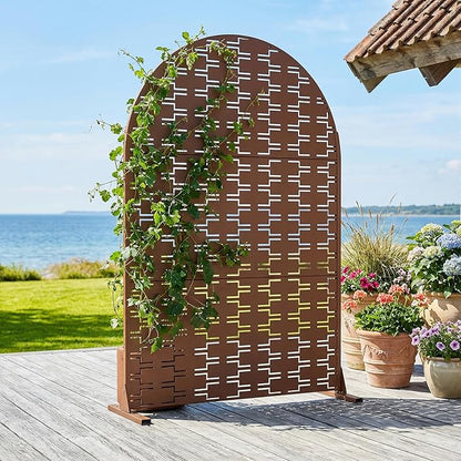 Casaphoria Metal Arched Privacy Screen Outdoor, 72" H x 47" W Freestanding Decorative Privacy Screen for Patio Deck Balcony Garden with Stable Base, Brown-Brick