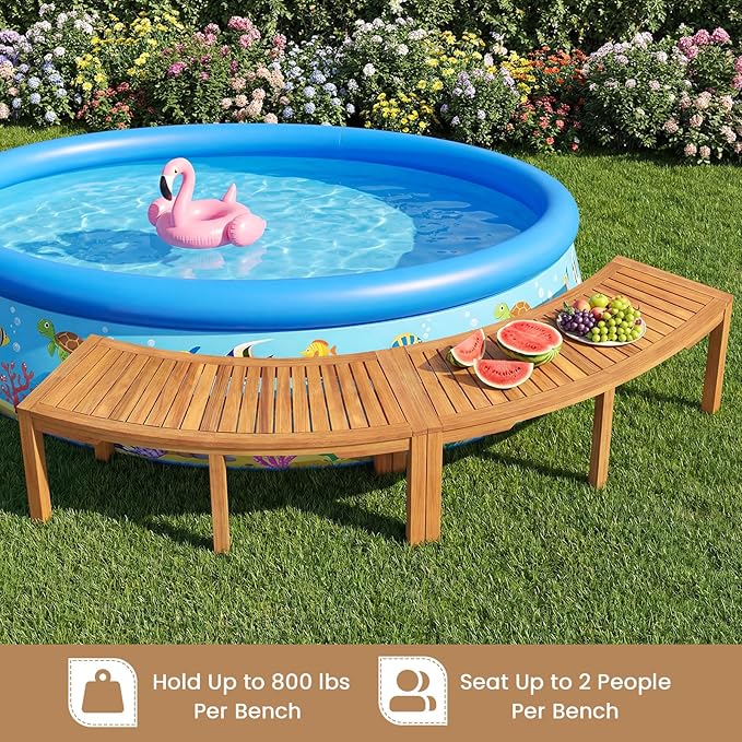 Tangkula Outdoor Curved Bench, Acacia Wood Fire Pit Bench w/Slatted Seat, Patio Backless 2-Person Seating for Porch, Yard, Garden, 800 LBS Max Load, Oil Painted (2, 45")