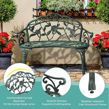 VINGLI 38.5" Patio Park Garden Outdoor Metal Rose Bench, 2-Person Cast Iron Cast Aluminium Frame Antique Finish Chair,Accented Lawn Front Porch Path Yard Decor Deck Furniture (Green, Rose)