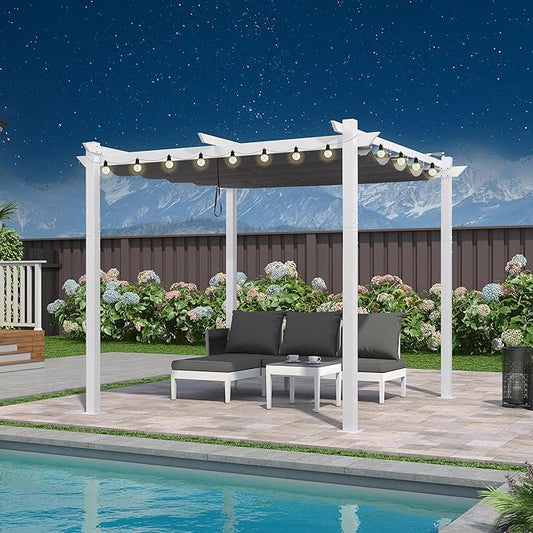 PURPLE LEAF 10' x 10' Outdoor Aluminum Pergola White Heavy-Duty Retractable Pergola with Light Patio Metal with Double Sun Shade Canopy for Backyard Gardens Deck, Grey