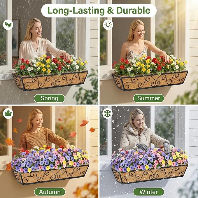 Y&M 30 Inch Window Deck with Coco Liner, Fence Metal Hanging Flower Planter Window Basket Deck Railing Planter Boxes for Outdoor Garden Lawn-Butterfly, 2pcs