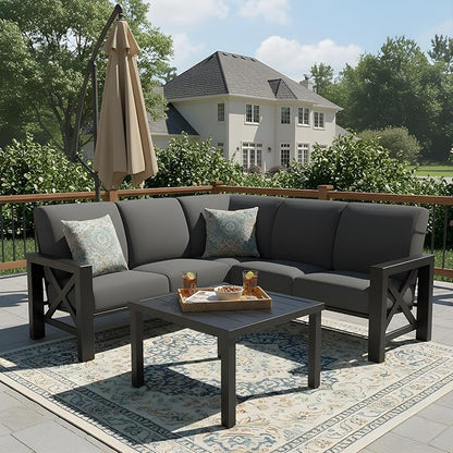 NATURAL EXPRESSIONS 6 Pieces Patio Furniture Sets, Metal Outdoor Sectional Furniture L Shape Patio Conversation Sets,Highback Frame,Metal Table,Large Waterproof Cover, 6.5" Olefin Cushions,Dark Grey