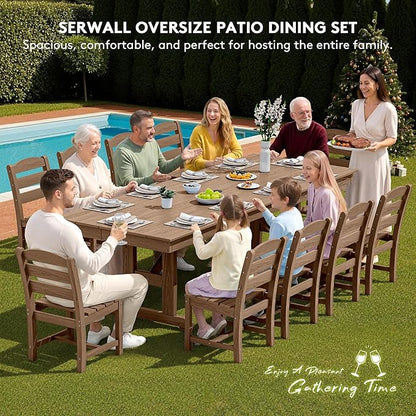 SERWALL 11 Piece Outdoor Dining Set, 84" HDPE Outdoor Large Dining Table and Chairs Set for 10，All Weather Patio Dining Furniture Set with Umbrella Hole for Backyard, Garden, Brown