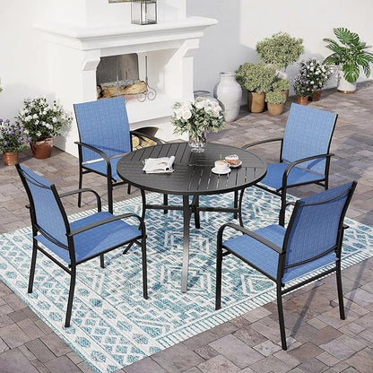 5 Piece Patio Dining Set for 4, 42" x 42" Round Metal Table with Umbrella Hole and 4 Blue Chairs, Outdoor Table and Chairs Set for Lawn Backyard and Deck