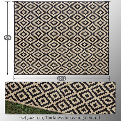 SAND MINE Waterproof Outdoor Rug 8x10 ft, Plastic Reversible Rug, Modern Area Rug, Large Floor Mat for Outdoors, RV, Patio, Backyard, Deck, Picnic, Beach, Camping, Black & Beige