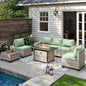 7-Piece Outdoor Patio Furniture Set with 55,000 BTU Fire Pit Table, PE Wicker Rattan Sectional Sofa Patio Conversation Set with Thickened Cushions & Coffee Table, Light Green