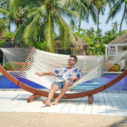 Lazy Daze Hammocks 10.5 FT Double 2 Person Caribbean Rope Hammock, Hand Woven Polyester Hammock with Spreader Bars, for Outside Outdoor Backyard Patio Poolside, 450 LBS Capacity, Cream