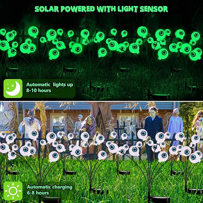 BrizLabs 6 Pack 36 LED Halloween Solar Eyeball Lights, 2 Modes Outdoor Halloween Pathway Lights, Green Solar Walkway Light Waterproof, Green Swaying Firefly Light for Outside Path Yard Garden Lawn